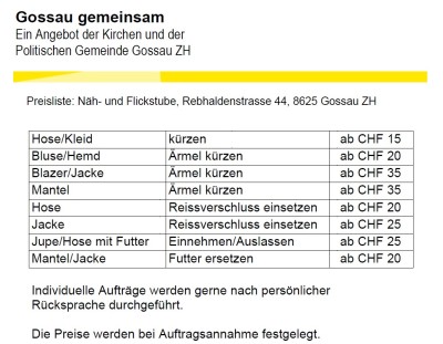 Preisliste der Näh- und Flickstube